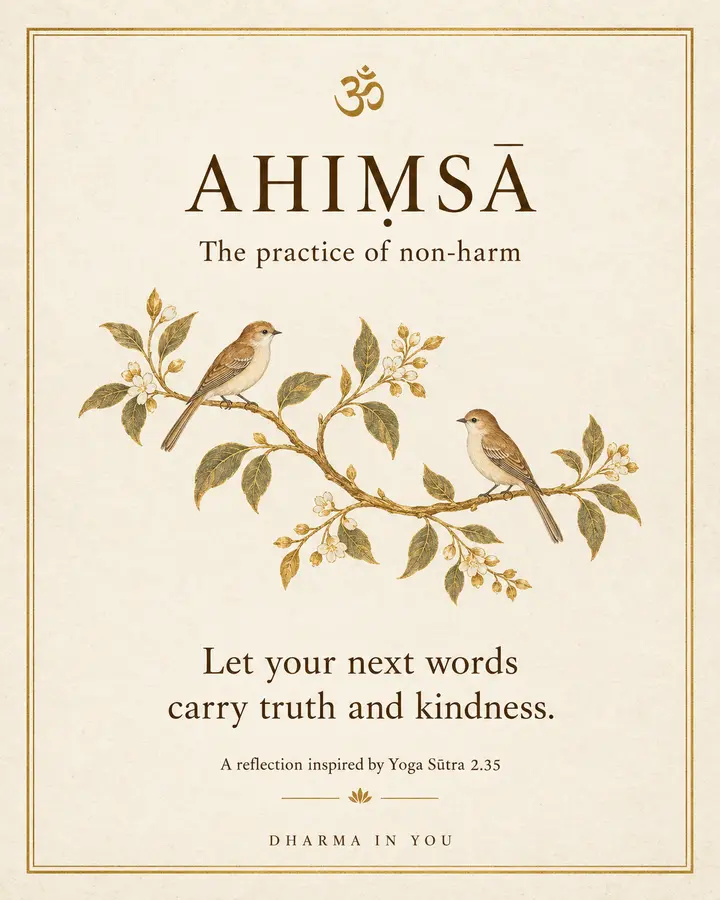 Ahiṃsā teaching artwork with two birds on a flowering branch