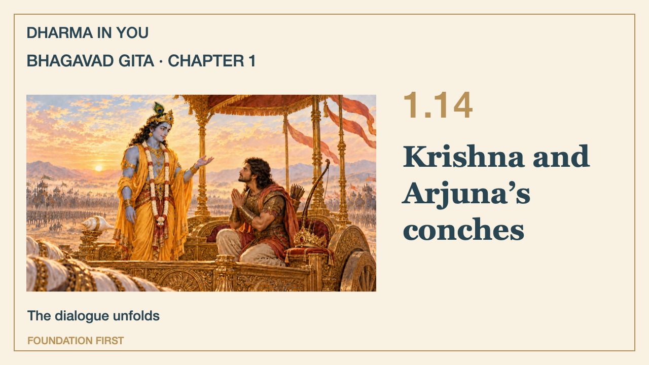 Bhagavad Gita 1.14: Krishna and Arjuna sound their conches