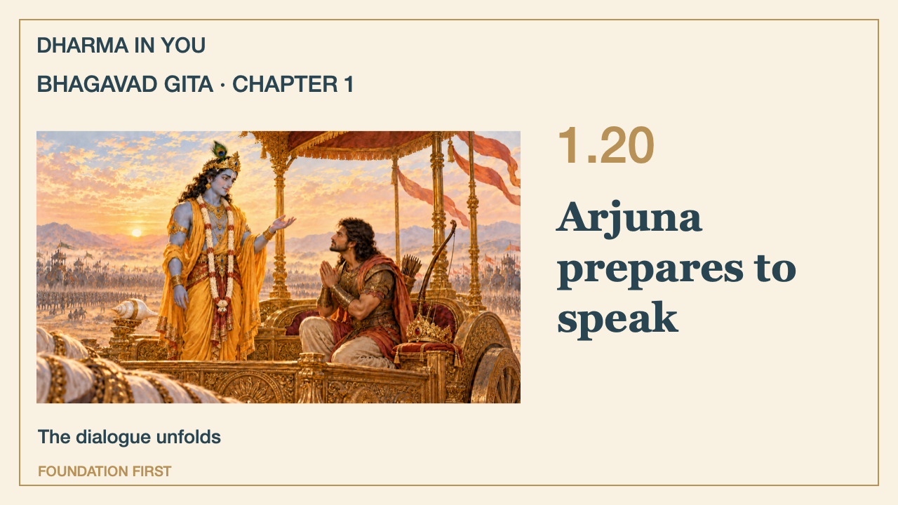 Bhagavad Gita 1.20: Arjuna prepares to speak