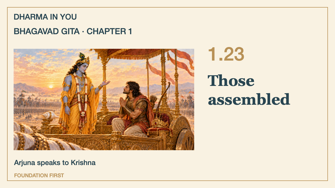Bhagavad Gita 1.23: Arjuna looks at those assembled