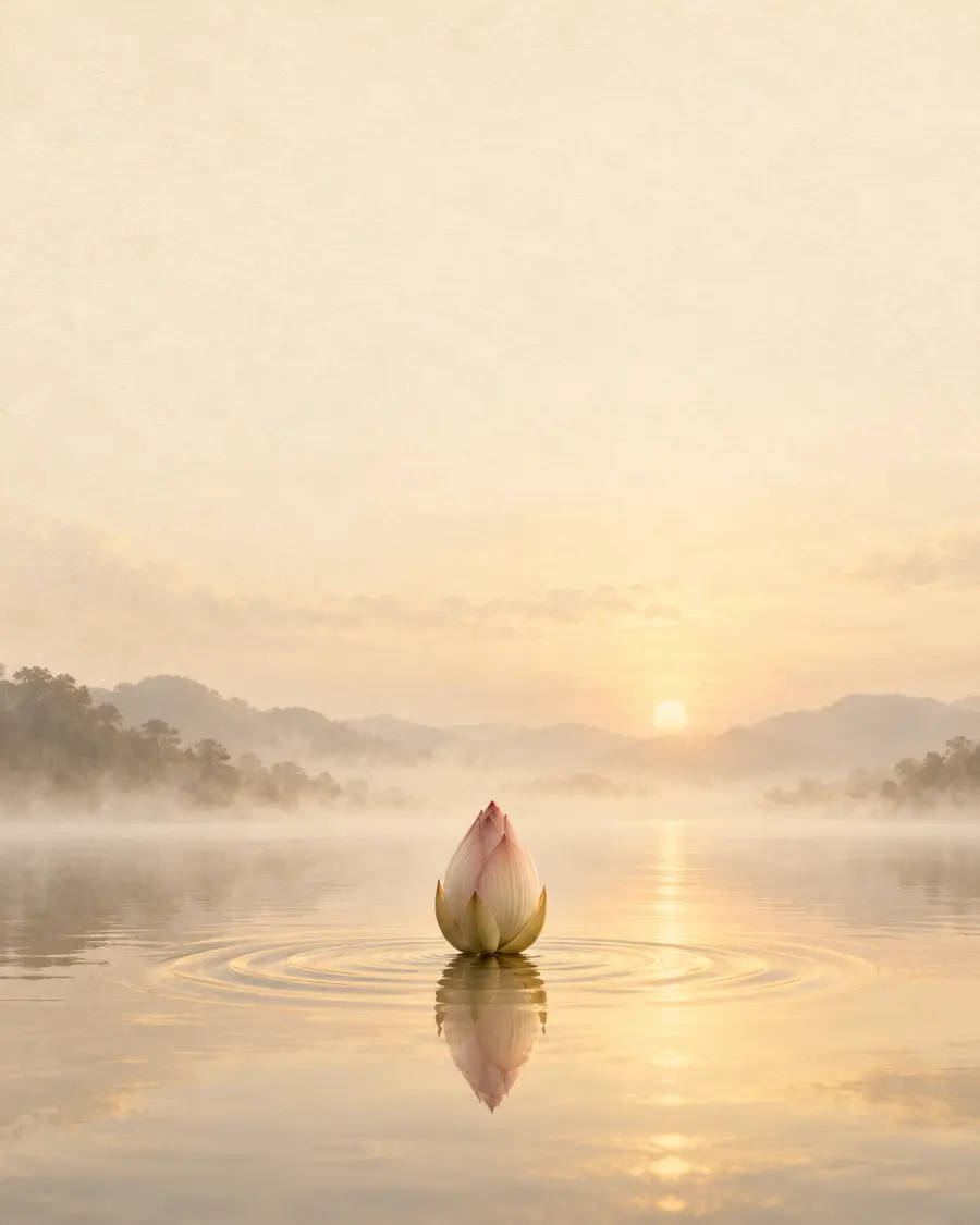 A single lotus resting on still water at sunrise